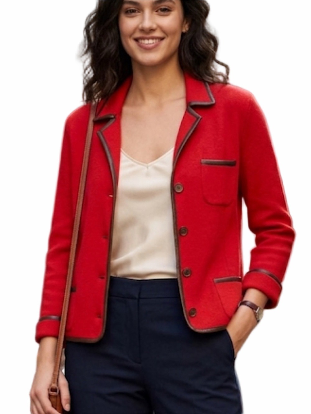 MORGANO Red Knit Lady Jacket with Brown Faux Leather Trim Sz 44 / US 8–10